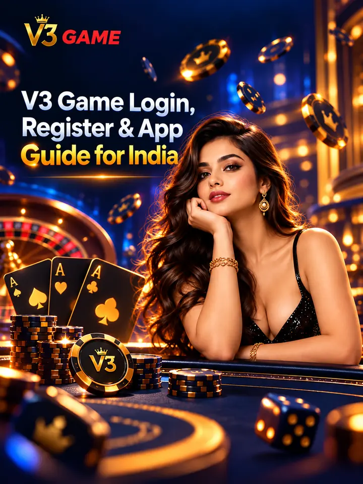 V3 Game casino illustration with an adult woman and the text V3 Game Login, Register and App Guide for India