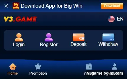 V3 Game home screen with Download App banner, Login, Register, Deposit and Withdraw tiles and the Home, Promotion, Wallet, Account bar