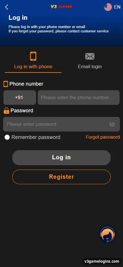 V3 Game login screen with Log in with phone and Email login tabs, password, Remember password and Forgot password
