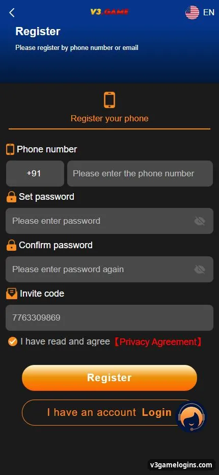 V3 Game register screen with +91 phone number, set password, confirm password and invite code fields